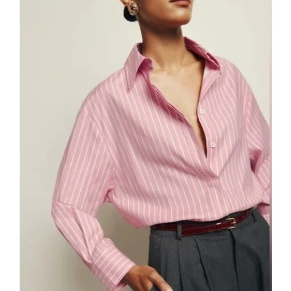 Reformation Pink Pinstripe Button-Up Blouse